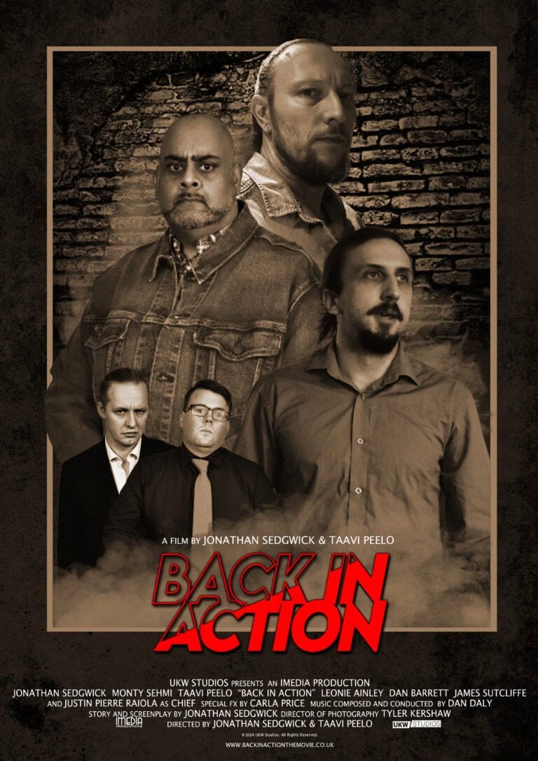 Poster for the movie Back In Action featuring the cast with a sepia tint against a brick wall background.